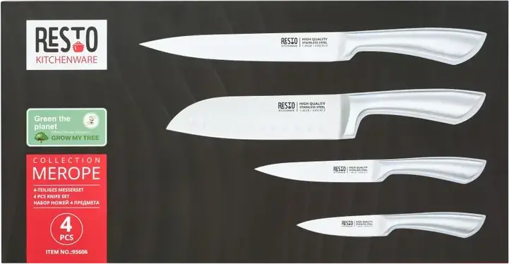 RESTO 95606 Merope 4-Piece Stainless Steel Knife Set - Santoku, Slicing, Utility and Paring Knives - X30Cr13 Stainless Steel Blades - Grey