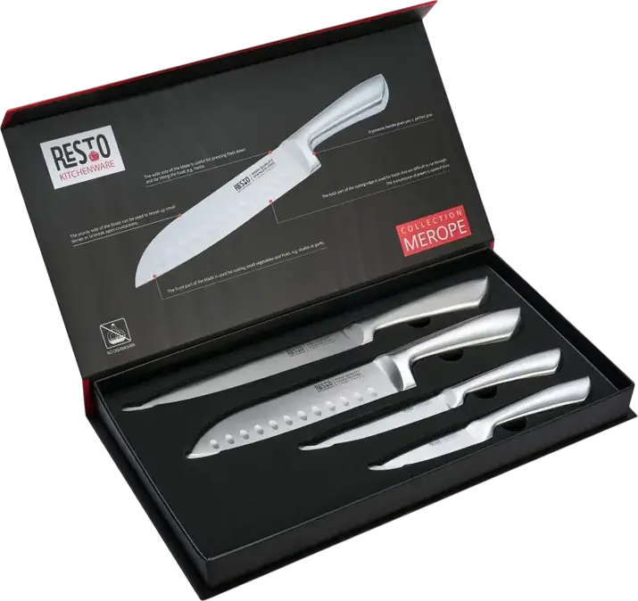 RESTO 95606 Merope 4-Piece Stainless Steel Knife Set - Santoku, Slicing, Utility and Paring Knives - X30Cr13 Stainless Steel Blades - Grey