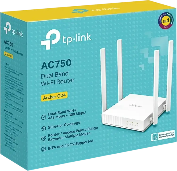 TP-Link Archer C24 AC750 Dual-Band Wi-Fi Router, 4 Antennas, 300Mbps (2.4GHz) & 433Mbps (5GHz), Router/AP/Range Extender Modes, WPA3 Security, White