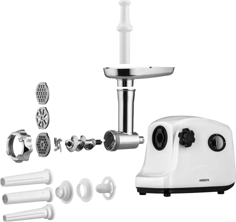 Ardesto MGA-1735R Meat Grinder, 1600W, 1.6 kg/min, Metal and Plastic Housing, White, Reverse Function, Overload Protection, 3 Grinding Plates, Accessories
