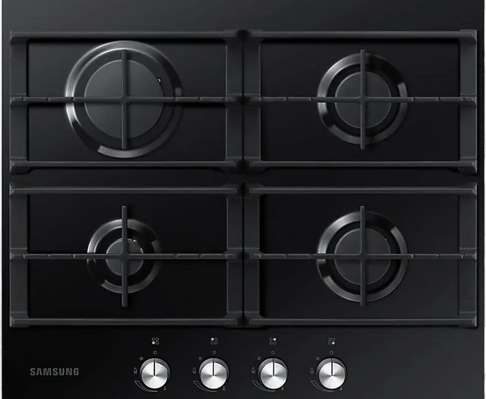Газовая варочная панель Samsung NA64H3010AK для встраивания, 4 конфорки, закаленное стекло, чугунные решетки Endless Design, поддержка WOK, газ-контроль, черная, 60см