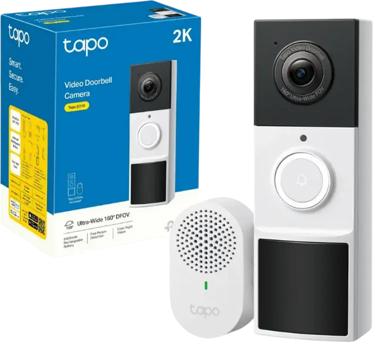 Sonerie Video TP-Link Tapo D210, Rezolutie 2K 3MP, Unghi Vizualizare 160°, Detectie AI Persoane, Audio Bidirectional, Rezistenta IP65, Baterie 6400mAh, Alb