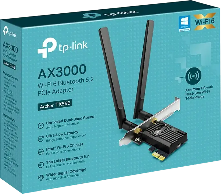 Adaptor Wireless PCIe TP-Link Archer TX55E AX3000, Wi-Fi 6, 2402 Mbps (5 GHz) + 574 Mbps (2.4 GHz), Bluetooth 5.2, Chipset Intel, MU-MIMO, 1024-QAM