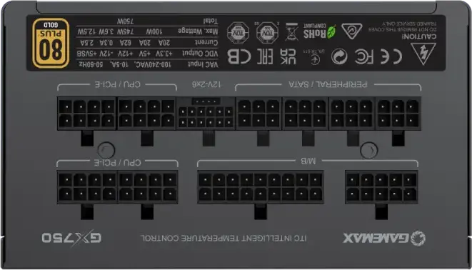 Sursa Gamemax GX-750 PRO 750W, 80 Plus Gold, Fully Modular, ATX 3.1, PCIe 5.1 12V-2*6, Condensatori Japonezi, Ventilator 135mm, Negru