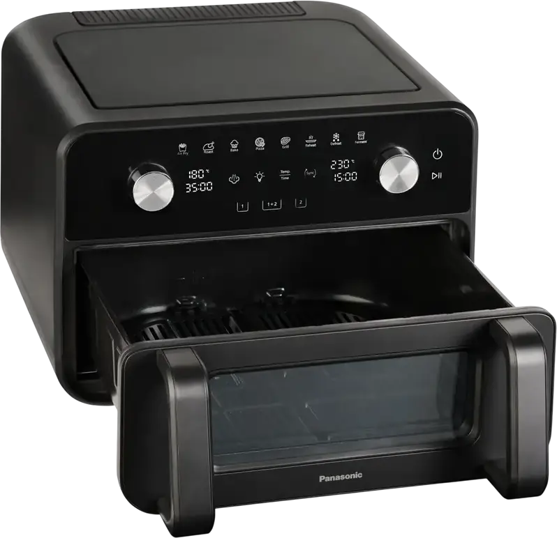 Panasonic NF-BC1000KXE Flex Air Fryer, 9.6L Dual Zone Capacity, 2450W, Gentle Steam Technology, 360 Air Flow, Ceramic Non-Stick Coating, Black