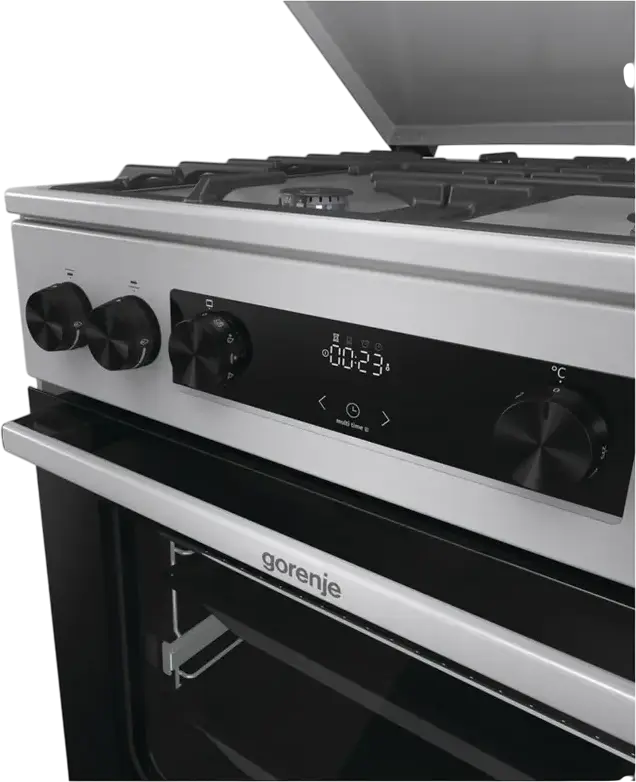 Комбинированная плита Gorenje GKS6C71XF, электродуховка 71 л класс A, 4 газовые конфорки, чугунные решетки, AquaClean, нержавеющая сталь, 60x60 см