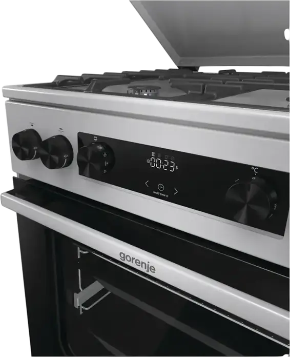 Комбинированная плита Gorenje GKS6C71XF, электродуховка 71 л класс A, 4 газовые конфорки, чугунные решетки, AquaClean, нержавеющая сталь, 60x60 см