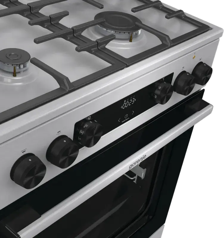 Комбинированная плита Gorenje GKS6C71XF, электродуховка 71 л класс A, 4 газовые конфорки, чугунные решетки, AquaClean, нержавеющая сталь, 60x60 см