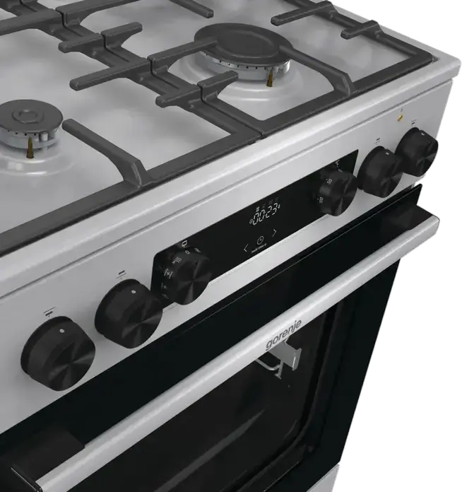 Комбинированная плита Gorenje GKS6C71XF, электродуховка 71 л класс A, 4 газовые конфорки, чугунные решетки, AquaClean, нержавеющая сталь, 60x60 см