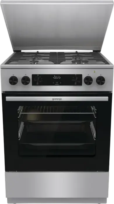 Комбинированная плита Gorenje GKS6C71XF, электродуховка 71 л класс A, 4 газовые конфорки, чугунные решетки, AquaClean, нержавеющая сталь, 60x60 см