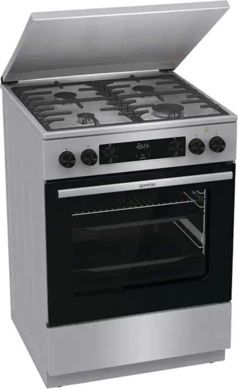 Комбинированная плита Gorenje GKS6C71XF, электродуховка 71 л класс A, 4 газовые конфорки, чугунные решетки, AquaClean, нержавеющая сталь, 60x60 см