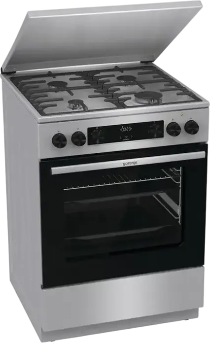 Комбинированная плита Gorenje GKS6C71XF, электродуховка 71 л класс A, 4 газовые конфорки, чугунные решетки, AquaClean, нержавеющая сталь, 60x60 см
