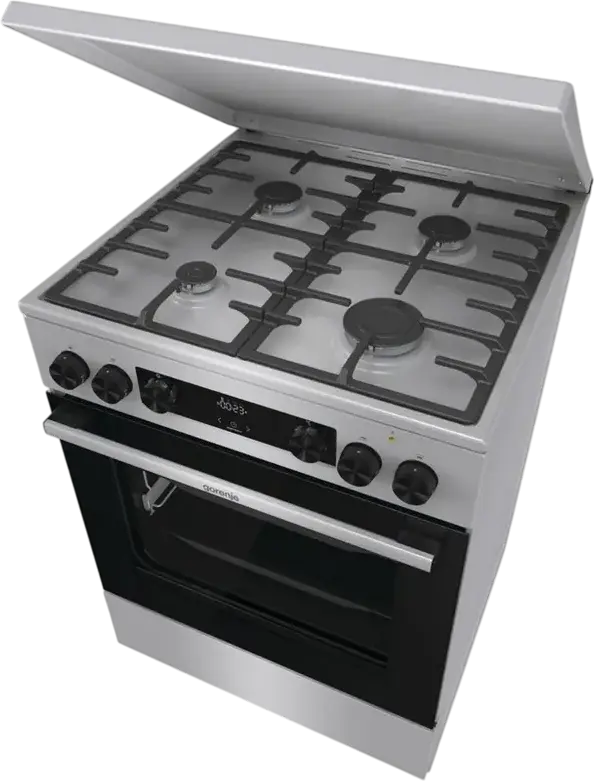 Комбинированная плита Gorenje GKS6C71XF, электродуховка 71 л класс A, 4 газовые конфорки, чугунные решетки, AquaClean, нержавеющая сталь, 60x60 см