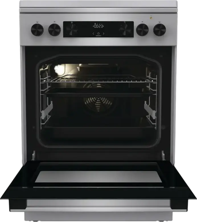 Комбинированная плита Gorenje GKS6C71XF, электродуховка 71 л класс A, 4 газовые конфорки, чугунные решетки, AquaClean, нержавеющая сталь, 60x60 см