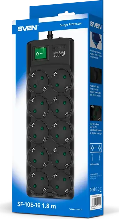 SVEN SF-10E-16 Surge Protection Power Strip, 10 Sockets, 3680W Max Load, 16A, 1.8m Cable, Fire-Retardant Plastic, Child Protection Shutters, Black
