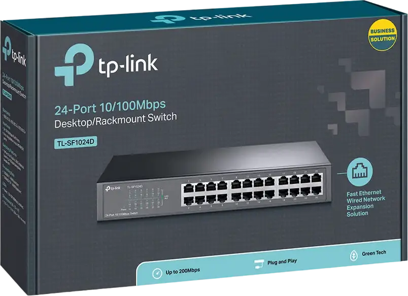 Switch de retea negestionabil TP-Link TL-SF1024D, 24 porturi 10/100 Mbps RJ45, Capacitate comutare 4.8 Gbit/s, Green Ethernet, Carcasa Otel, Rackmount