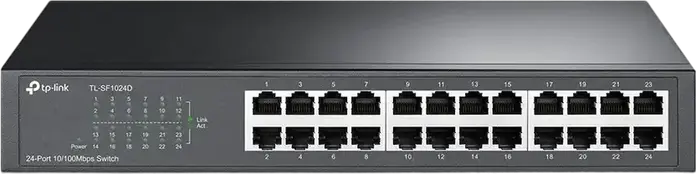 Switch de retea negestionabil TP-Link TL-SF1024D, 24 porturi 10/100 Mbps RJ45, Capacitate comutare 4.8 Gbit/s, Green Ethernet, Carcasa Otel, Rackmount