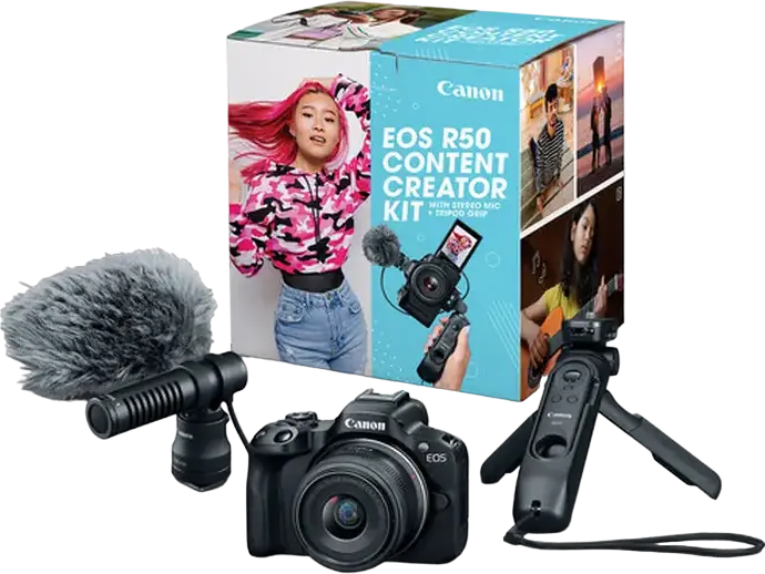 Kit Creator de Conținut Canon EOS R50, Senzor APS-C CMOS 24.2MP, DIGIC X, Video 4K UHD, Obiectiv RF-S 18-45mm, Grip Trepied, Microfon, Negru