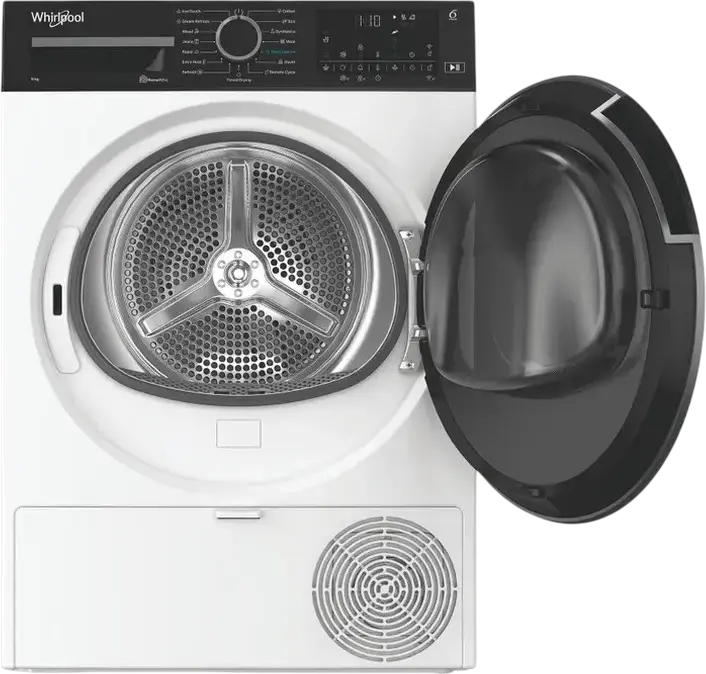 Whirlpool WP A9X WBS EE Uscator Rufe cu Pompa de Caldura, Capacitate 9kg, Clasa Energetica A, 6th Sense, HomeWhiz Wi-Fi, Motor Inverter, Alb/Negru