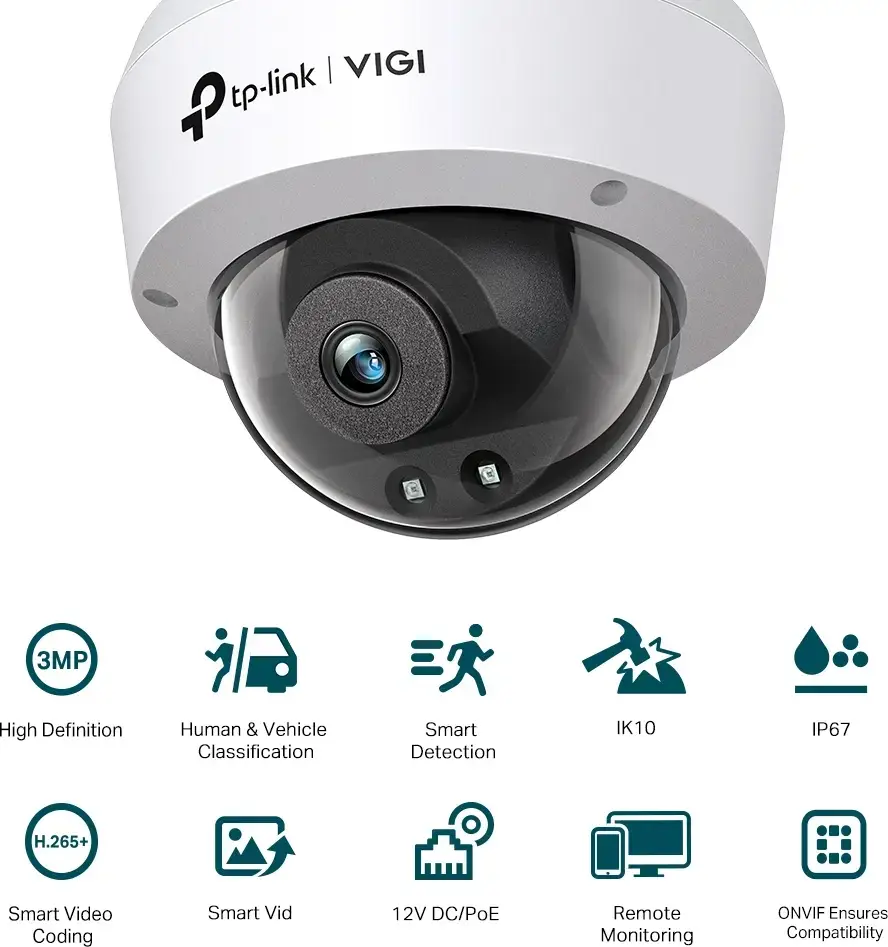 Camera Network Dome TP-Link VIGI C230i 3MP IR, Distanta Focală 4mm, Waterproof IP67, Vandal Proof IK10, PoE, Detectie AI Persoane si Vehicule, Microfon Incorporat, H.265+
