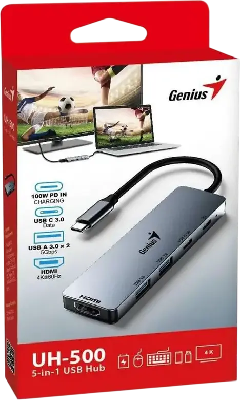Genius UH-500 5-in-1 USB-C Hub, HDMI 4K@60Hz, USB-C PD 100W Charging, 3x USB 3.0 Ports (1x Type-C, 2x Type-A) 5Gbps Data Transfer, Aluminum Gray
