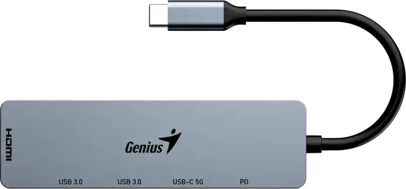Genius UH-500 5-in-1 USB-C Hub, HDMI 4K@60Hz, USB-C PD 100W Charging, 3x USB 3.0 Ports (1x Type-C, 2x Type-A) 5Gbps Data Transfer, Aluminum Gray