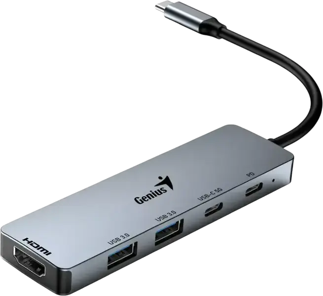 Genius UH-500 5-in-1 USB-C Hub, HDMI 4K@60Hz, USB-C PD 100W Charging, 3x USB 3.0 Ports (1x Type-C, 2x Type-A) 5Gbps Data Transfer, Aluminum Gray