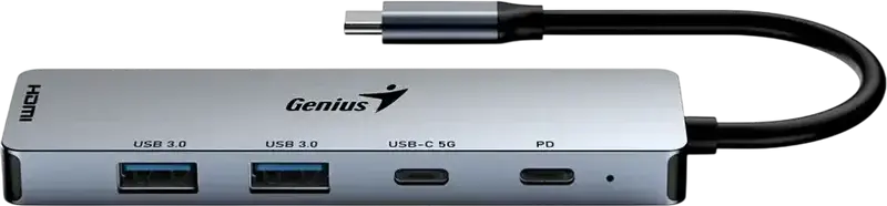 Genius UH-500 5-in-1 USB-C Hub, HDMI 4K@60Hz, USB-C PD 100W Charging, 3x USB 3.0 Ports (1x Type-C, 2x Type-A) 5Gbps Data Transfer, Aluminum Gray