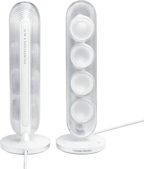 Harman Kardon SoundSticks 5 Wi-Fi 2.1 Channel Speaker System, Transparent Design, 5.25" Subwoofer, Bluetooth 6.0, AuraCast, White