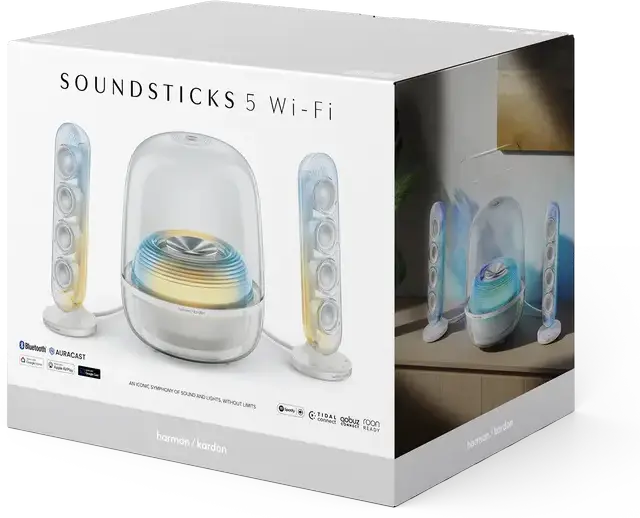 Harman Kardon SoundSticks 5 Wi-Fi 2.1 Channel Speaker System, Transparent Design, 5.25" Subwoofer, Bluetooth 6.0, AuraCast, White