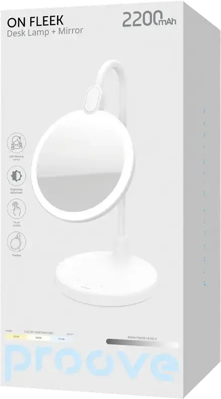 Proove On Fleek Dual-purpose LED Desk Lamp and Grooming Mirror, 3 Color Temperatures, Dimmable, 2200mAh Battery, USB-C, White, ABS and Silicone