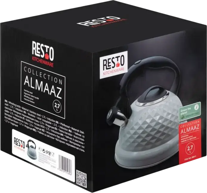 Чайник для плиты RESTO Almaaz 90611, 2.7 л, из нержавеющей стали, с бакелитовой ручкой и свистком, подходит для газовых, электрических и индукционных плит