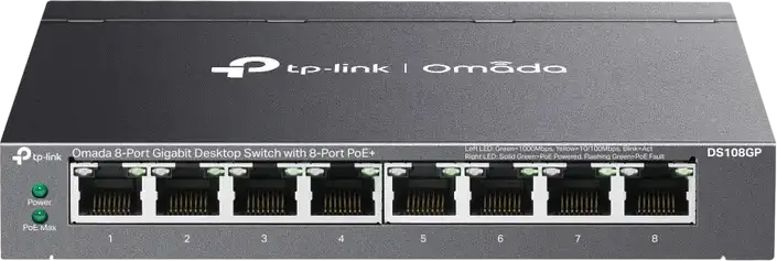 Switch Desktop Neadministrat TP-Link DS108GP Omada, 8 Porturi Gigabit 10/100/1000 Mbps PoE+ 802.3af/at, Buget Total 65W, Carcasă Metalică, Plug and Play