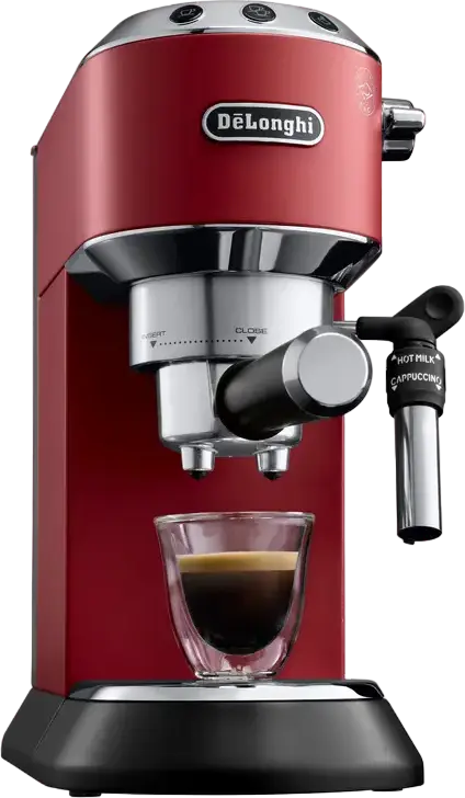 DeLonghi Dedica Pump Espresso Machine, Red, 15 Bar Professional Pump, 1300W, Thermoblock Heating, Metal Body, Adjustable Cappuccino System, 15cm Width