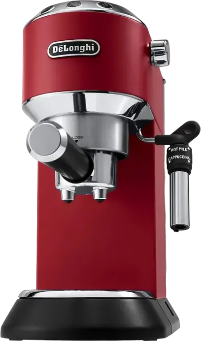 DeLonghi Dedica Pump Espresso Machine, Red, 15 Bar Professional Pump, 1300W, Thermoblock Heating, Metal Body, Adjustable Cappuccino System, 15cm Width