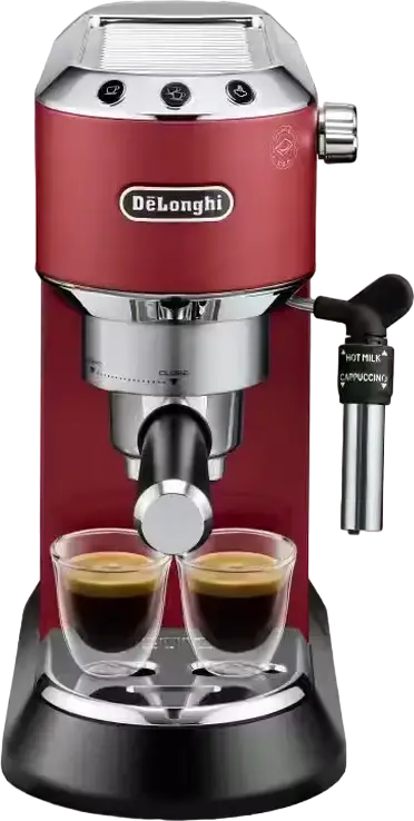 DeLonghi Dedica Pump Espresso Machine, Red, 15 Bar Professional Pump, 1300W, Thermoblock Heating, Metal Body, Adjustable Cappuccino System, 15cm Width