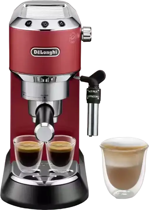 DeLonghi Dedica Pump Espresso Machine, Red, 15 Bar Professional Pump, 1300W, Thermoblock Heating, Metal Body, Adjustable Cappuccino System, 15cm Width