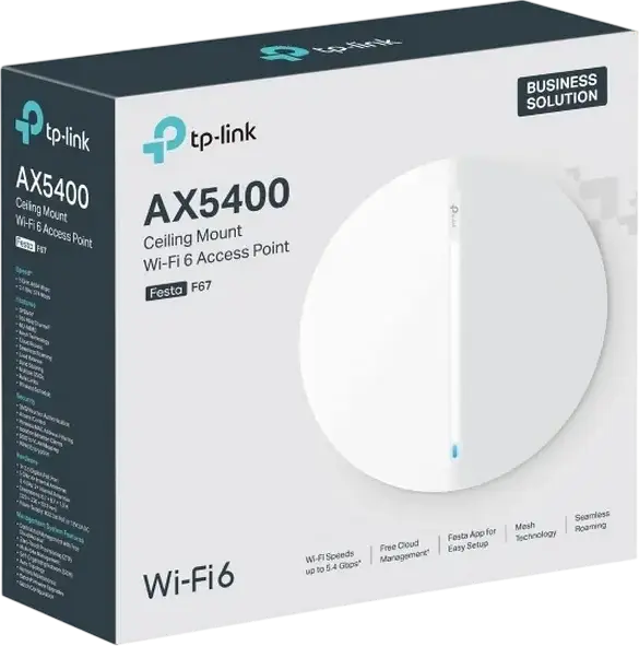 Точка доступа TP-Link Festa F67 Wi-Fi 6 AX5400 потолочного монтажа, 5.4 Гбит/с, порт 2.5G Ethernet, PoE+, MU-MIMO, бесшовный роуминг, облачное управление