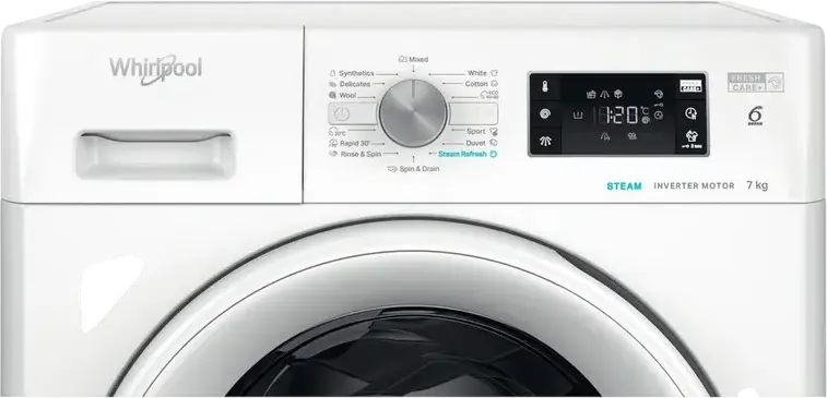 Whirlpool FFB 7469 WV EE Front-Load Washing Machine, 7 kg Capacity, 1400 rpm, Energy Class A, Inverter Motor, 6th Sense, FreshCare+, Steam Refresh, White