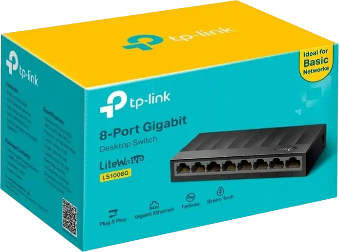 TP-Link LiteWave LS1008G 8-Port Gigabit Unmanaged Desktop Switch, 10/100/1000 Mbps RJ45, 16 Gbps Switching Capacity, Green Ethernet, Fanless, Black