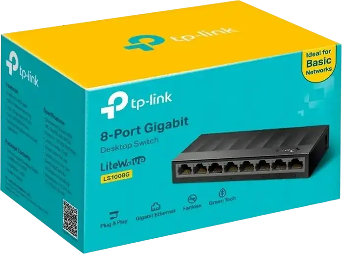 TP-Link LiteWave LS1008G 8-Port Gigabit Unmanaged Desktop Switch, 10/100/1000 Mbps RJ45, 16 Gbps Switching Capacity, Green Ethernet, Fanless, Black