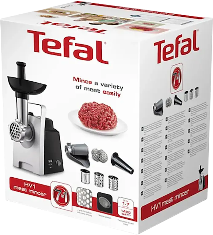 Tefal HV1 7-in-1 Meat Mincer and Vegetable Processor, 1400W, 1.7 kg/min, Reverse Function, with Sausage and Coulis Attachments, Black