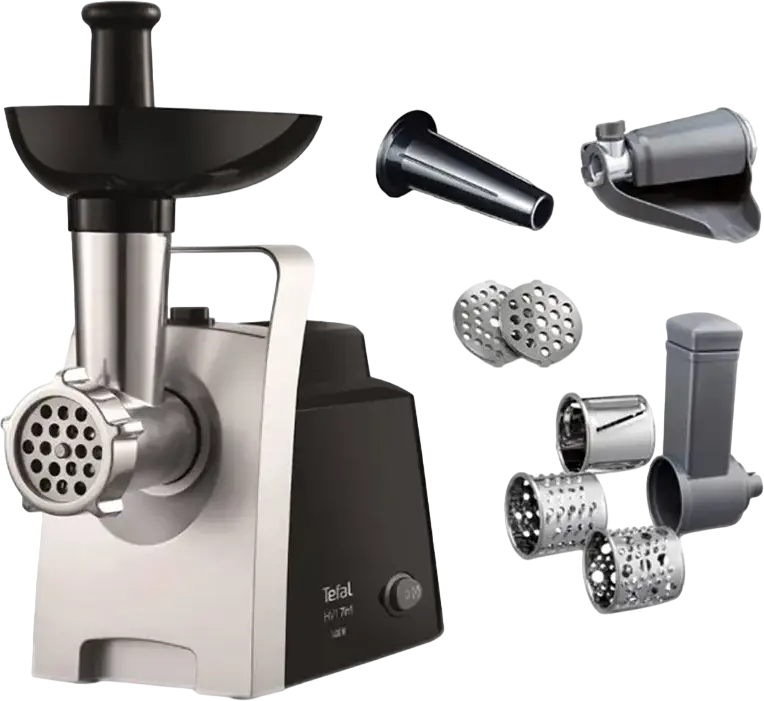 Tefal HV1 7-in-1 Meat Mincer and Vegetable Processor, 1400W, 1.7 kg/min, Reverse Function, with Sausage and Coulis Attachments, Black