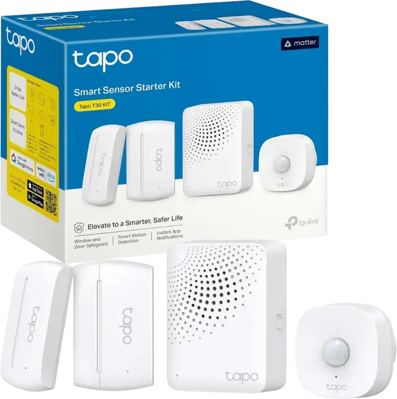 TP-Link Tapo T30 KIT Smart Sensor Starter Kit with Tapo H100 Hub, T100 Motion Sensor, 2x T110 Contact Sensors, White, Flame Retardant Material