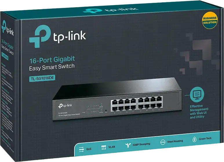 TP-Link TL-SG1016DE 16-Port Gigabit Easy Smart Switch, L2 Management, VLAN, QoS, Green Ethernet, Rack-mountable Metal Housing, Black