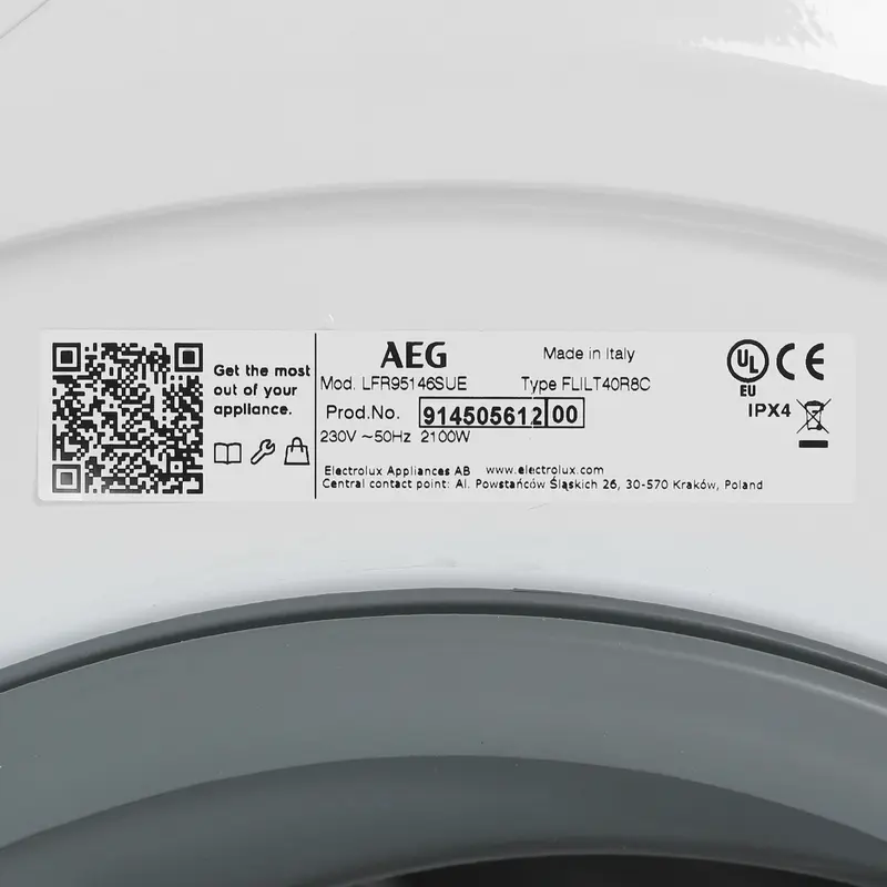 AEG LFR95146SUE 9000 Series AbsoluteCare Front-Load Washing Machine, 10kg, 1400rpm, Energy Class A, ProSteam, SoftWater, Wi-Fi, White/Black