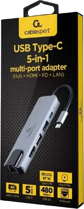 Adaptor Gembird A-CM-COMBO5-04 USB Type-C 5-in-1, HDMI 4K@30Hz, PD 2.0 87W, Port LAN RJ45, Porturi USB 3.1 si 2.0, Carcasa Metalica, Gri