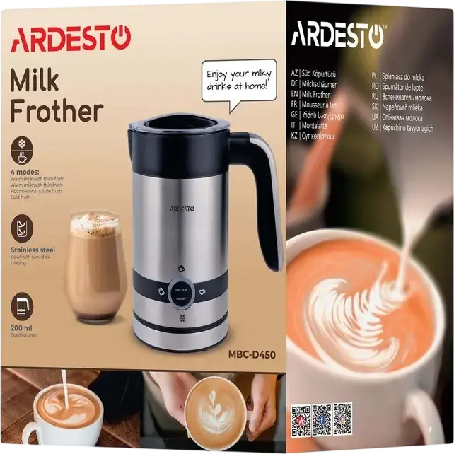 Ardesto MBC-D450 Milk Frother and Heater, 450W, 200ml Stainless Steel Tank, 4 Modes for Hot/Cold Foam, LED Indicator, Automatic Shutdown, Silver/Black
