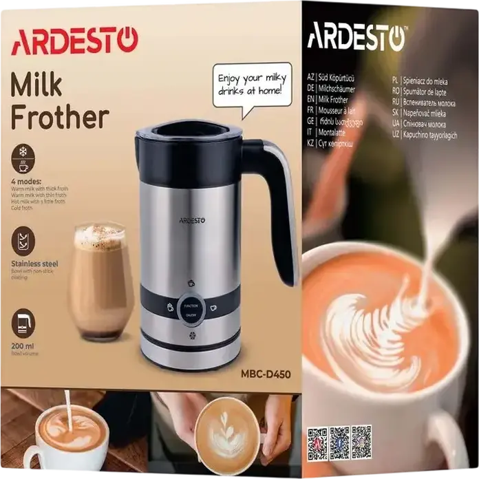Ardesto MBC-D450 Milk Frother and Heater, 450W, 200ml Stainless Steel Tank, 4 Modes for Hot/Cold Foam, LED Indicator, Automatic Shutdown, Silver/Black