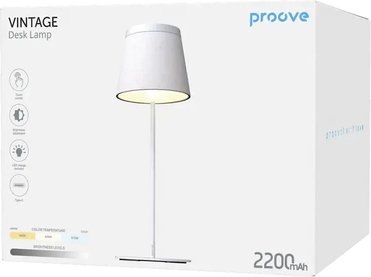Lampa de birou Proove Vintage, LED 5W, Baterie 2200mAh, 3 Temperaturi de Culoare, Control Tactil, Dimare Continua, Incarcare Type-C, ABS si Silicone, CRI Alb